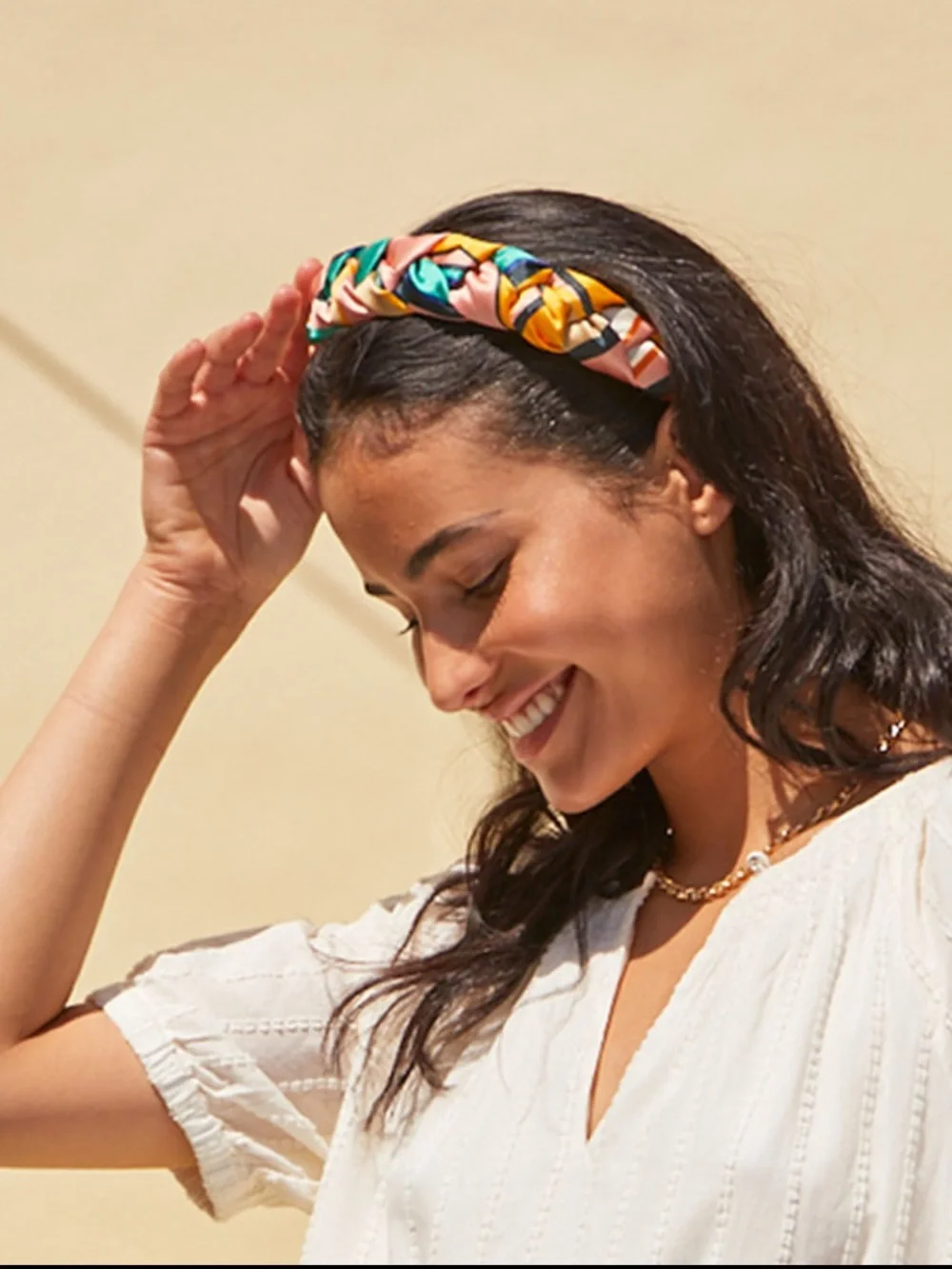 Eugenia Kim | Braided Satin Headband in Pink, Yellow & Teal